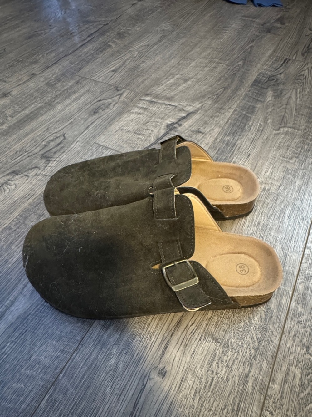 Olive Green Suede Slip-On Buckle Clogs